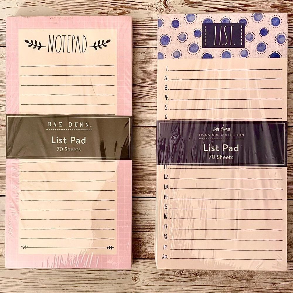 NWT Rae Dunn 2 Pc NOTEPAD / LIST Notepad Set Ivory PInk Blue Printed 140 Sheets